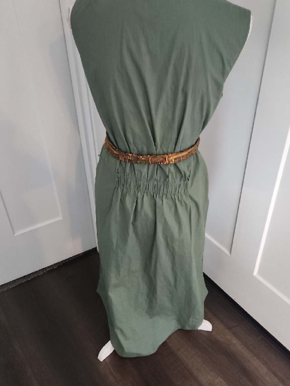 J. Crew Olive Green Sleeveless V-Neck Mini Dress with Patterned Waist Scarf - Picture 4 of 5